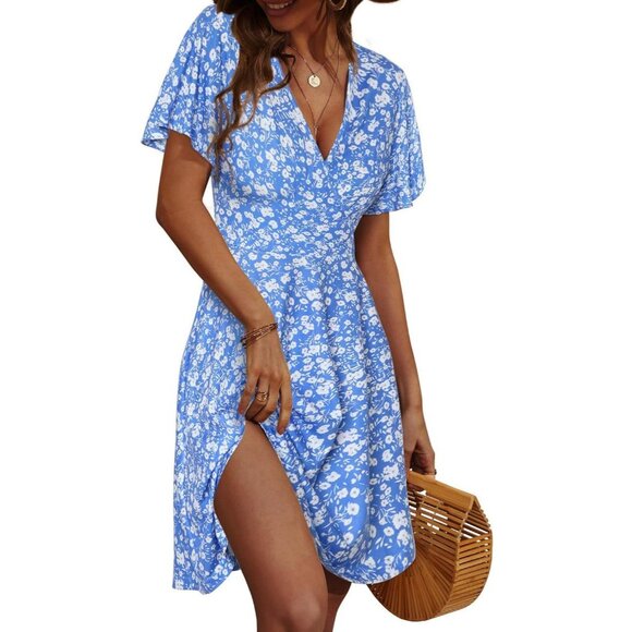 Womens Blue Floral Printed Short Sleeve Wrap V Neck A-Line Midi Dress - Picture 1 of 3